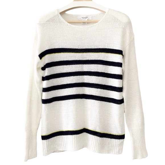 WORKSHOP White Navy Sailor Stripe Lightweight Knit Top Sweater Preppy Coastal - Picture 1 of 6